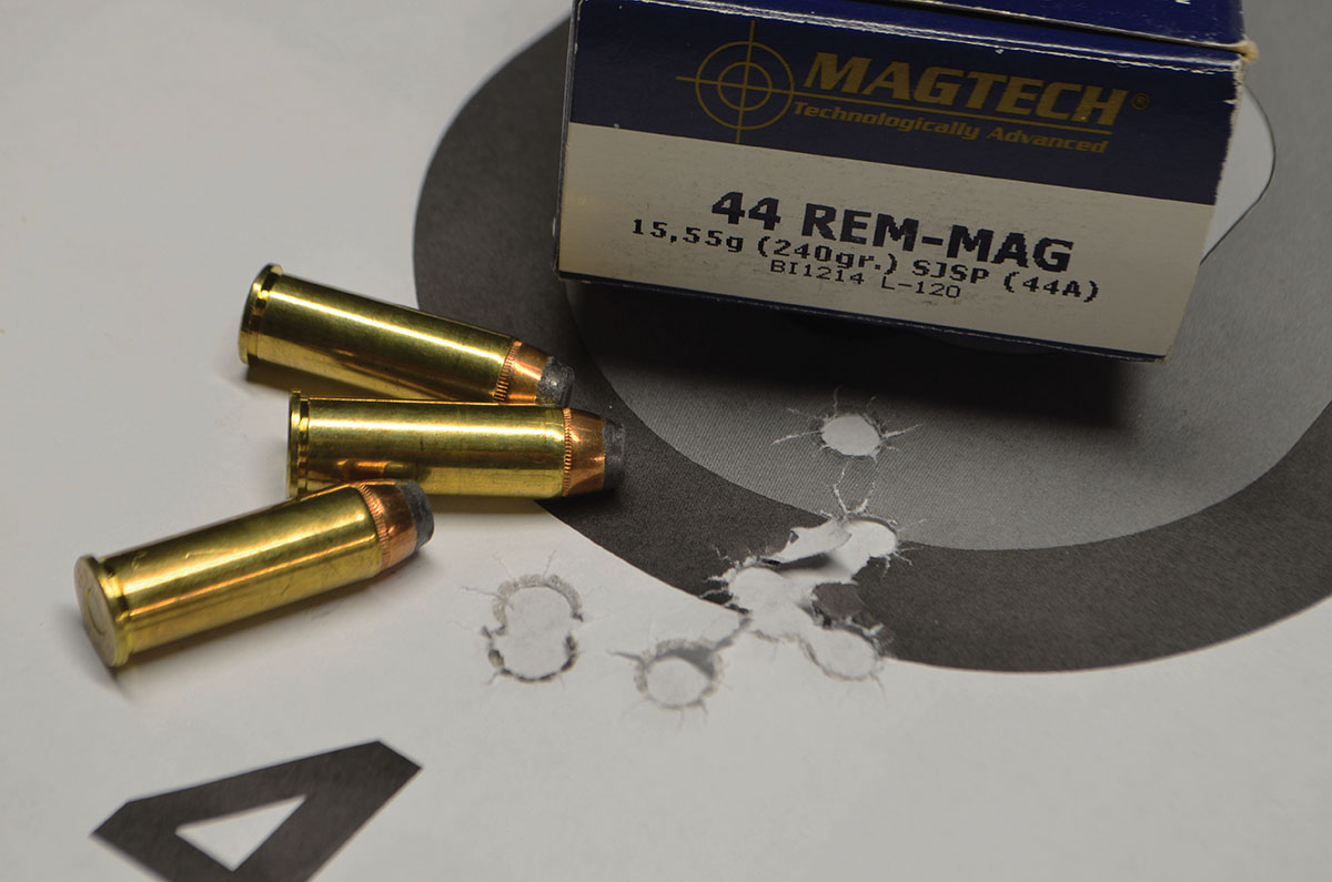 An eight-shot group, rapid fire, 35 yards, with Magtech 240-grain semi-jacketed softpoint ammunition, measures 2.1 inches.